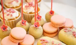 Słodkie cake pops wesele, babeczki i makaroniki w pastelowych kolorach.