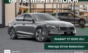 Szara Skoda Octavia 1.5 TSI m-HEV 150KM w wersji Drive Selection, z rabatem 17 000 zł. Idealna na szerokiej drogi.