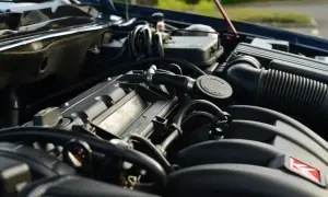 Gros plan sur le moteur d'une voiture, avec le bouchon du voyant d'huile moteur visible.