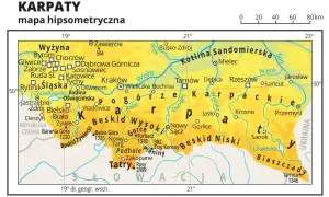 Mapa hipsometryczna Karpat w Polsce z zaznaczonymi miastami, rzekami i pasmami górskimi, takimi jak Tatry i Bieszczady.