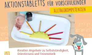 Aktionstabletts für Kindergarten-Ideen: Buntstifte, Würfel und Spitzer auf einem Tablett fördern Feinmotorik und Alltagskompetenzen.