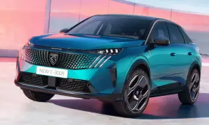 Nowy Peugeot E-3008 w turkusowym kolorze, z nowoczesnym grillem i światłami. Sprawdź jego atrakcyjną peugeot 3008 cenę!