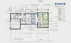 Projekt architektoniczno budowlany domu z tarasem i ogrodem. Widok piętra z pokojami i łazienkami.