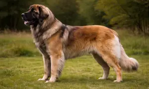 Ein majestätischer Leonberger steht auf einer grünen Wiese. Sein sanftes Leonberger Temperament spiegelt sich in seiner ruhigen Haltung wider.