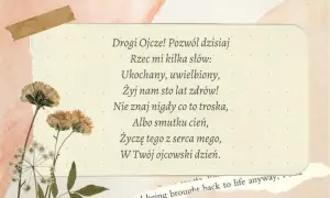 Wiersz o tacie z życzeniami zdrowia i szczęścia na Dzień Ojca. W tle suszone kwiaty i delikatne akwarelowe plamy.