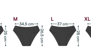 Szare majtki menstruacyjne hipster w rozmiarach XS-XXL z wymiarami.