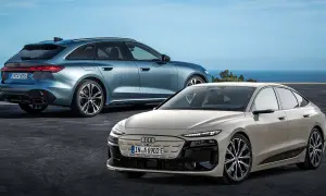 Due eleganti audi modelli, una station wagon blu e una berlina beige, si stagliano contro un cielo azzurro e il mare.