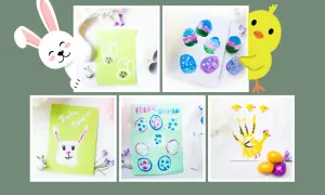 Bilder zeigen Ideen zum Osterkarte basteln: bunte Ostereier, Hasen und Küken aus Fingerabdrücken.