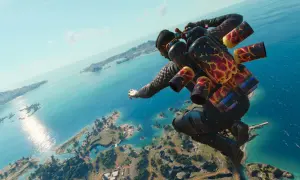 Gracz z plecakiem odrzutowym spada nad tropikalną wyspą. To ujęcie z gry Far Cry 6 poradnik.