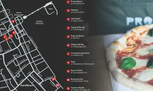 Mapa Sopotu z zaznaczonymi miejscami, gdzie zjeść: restauracje, bary i bistro. Obok mapa, pyszna pizza.