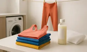 Sportbekleidung aus Elasthan waschen: Ein Sport-BH und Leggings hängen zum Trocknen, daneben liegen gefaltete Sportkleidung, Waschmittel und ein Wäschenetz.