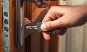 Dłoń z kluczem zbliża się do zamka w drzwiach. Oto jak otworzyć drzwi z kluczem w zamku.