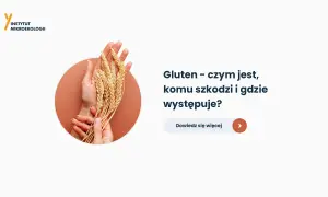 Dłonie trzymające kłosy zbóż. Tekst pyta: Gluten – czym jest, komu szkodzi i gdzie występuje? Dowiedz się więcej.