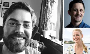 Tre porträtt av svenska personer. En man med glasögon och skägg i svartvitt, en man i blå skjorta och en kvinna med blont hår i färgglad jacka.