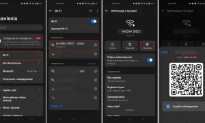 Telefon wyświetla hasło do sieci Wi-Fi w formie kodu QR, stanowiąc klucz zabezpieczeń sieciowych w telefonie.