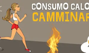 Donna corre sotto il sole, simbolo di calorie bruciate camminando. Fiamme indicano il consumo energetico.