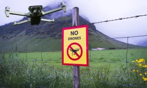 Un drone vola vicino a un cartello "Vietato l'utilizzo drone" in un paesaggio rurale nebbioso.