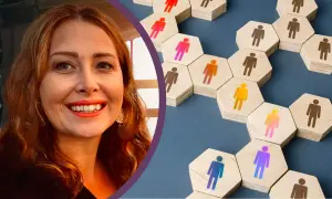 En kvinna ler mot kameran, bredvid en illustration av sammankopplade figurer som symboliserar nyckeln till bra samarbete.