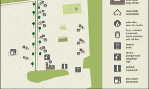 Mapa Puszczy Kampinoskiej z zaznaczonymi wiatami, paleniskami, boiskiem, placem zabaw i toaletą.