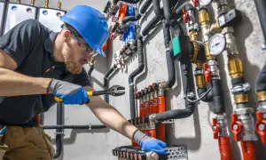 Hydraulik w niebieskim kasku naprawia instalację wodną za pomocą klucza.