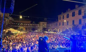 Folla immensa a una festa del luppolo, con musicisti sul palco che intrattengono il pubblico sotto un cielo stellato.
