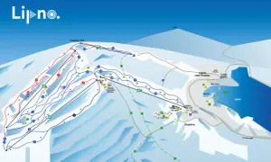 Übersichtskarte des Lipno Skigebiets mit Pisten, Liften und Orten wie Lipno nad Vltavou.