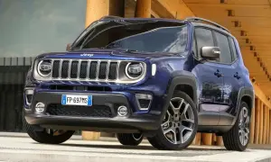 Niebieski Jeep Renegade na tle nowoczesnego budynku. Wiele osób szuka jeep renegade opinie przed zakupem.
