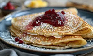 En hög med pannkakor toppas med sylt och pudrat socker. Perfekt för frukost, och ja, man kan frysa in pannkakor för senare njutning.