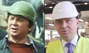 Dwa ujęcia: z lewej maliniak w zielonym kasku, z prawej Duda w białym kasku i kamizelce.