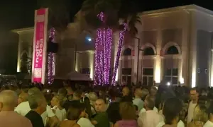Folla festante a Porto Sant'Elpidio per la Notte Rosa, con palme illuminate di rosa e un grande striscione.