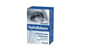 Opakowanie Starazolin HydroBalance, z wizerunkiem oka, zapewnia długotrwałe nawilżenie dla suchych i zmęczonych oczu.
