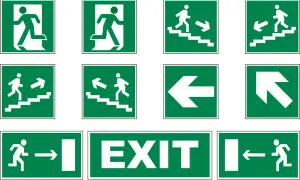 Znaki ewakuacyjne ISO 7010: wyjście, schody w dół/górę, kierunek ewakuacji.