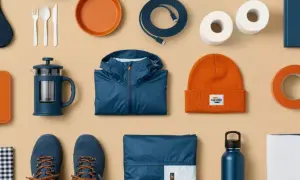 Bereit für Camping: Blaue Wanderschuhe, Jacke, Mütze, Kaffeepresse, Socken, Geschirr, Rolle Klebeband, Buch, Kabel, Toilettenpapier, Flasche und Decke.