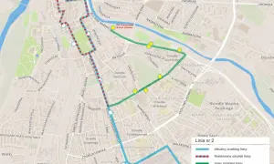 Mapa Nowego Sącza z linią nr 2, pokazująca aktualny i nowy przebieg trasy, przystanki. Nowy Targ nie jest widoczny.
