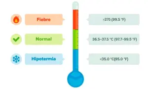 Termómetro muestra que cuanto es fiebre: >37.5°C. También indica temperatura normal y hipotermia.
