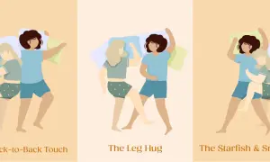 Illustrations of three best spooning positions: back-to-back touch, leg hug, and starfish & snuggler.