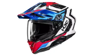 Kask motocyklowy HJC z wizjerem, w kolorach białym, czerwonym i niebieskim, z czarnym wzorem imitującym włókno węglowe. Sprawdź hjc rozmiarówka.
