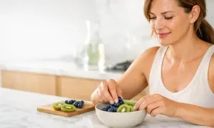 Donna prepara una ciotola di frutta fresca, un'ottima opzione per chi soffre di colon irritabile. Farro e frutta, un connubio salutare.