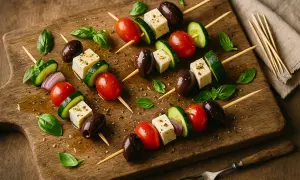 Antipasti-Spieße mit Tomaten, Gurken, Feta und Oliven auf Holzbrett.