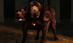 Un chien à trois têtes, aux yeux rouges et aux gueules ouvertes, garde une entrée sombre.