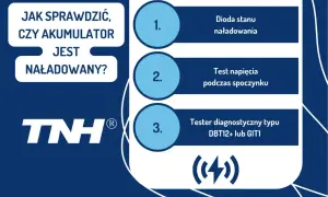 Jak sprawdzić naładowanie akumulatora: dioda stanu, test napięcia, tester diagnostyczny. Logo TNH.