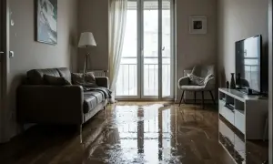 Zalane mieszkanie z kanapą i fotelem. Podłoga lśni od wody, co może być podstawą do ubiegania się o odszkodowanie za zalanie mieszkania.