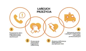 Łańcuch przeżycia: rozpoznanie, RKO, AED, opieka medyczna. Kluczowe etapy pierwszej pomocy u dzieci.