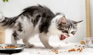 Gato comiendo con avidez, quizás buscando la valeriana para gatos que le da energía.