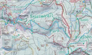Mapa turystyczna Śnieżnickiego Parku Krajobrazowego z zaznaczonymi szlakami, schroniskami i punktami widokowymi.