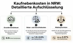 Kaufnebenkosten in NRW: Grunderwerbsteuer (6,5%), Notar-/Gerichtskosten (1,5-2%) und Maklerprovision (bis 3,57%).