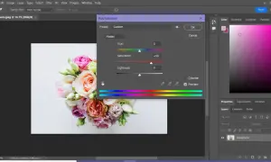 Un bouquet di fiori in fase di photoshop color correction, con la finestra Hue/Saturation aperta per regolare la saturazione.