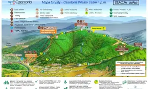 Mapa turystyczna Czantorii pokazuje szlak Rycerski, niebieski, czerwony i zielony. To szlak turystyczny, który prowadzi przez malownicze tereny.