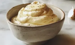 Aksamitny sos aioli, doprawiony świeżo mielonym pieprzem, w ceramicznej miseczce. Obok leży przekrojona główka czosnku.