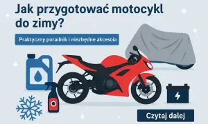 Czerwony motocykl, płyn do konserwacji, spray, akumulator i motocykl pod pokrowcem.